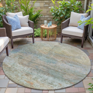 HomeRoots 5' Abstract Washable Area Rug in Wheat, Sky Blue & Beige – Perfect for Indoor/Outdoor Spaces 8' Round 631463