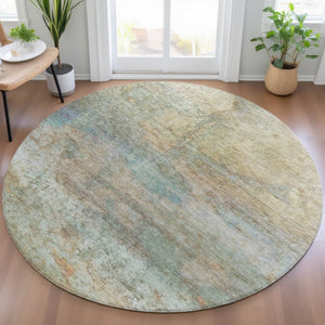 HomeRoots 5' Abstract Washable Area Rug in Wheat, Sky Blue & Beige – Perfect for Indoor/Outdoor Spaces 8' Round 631463