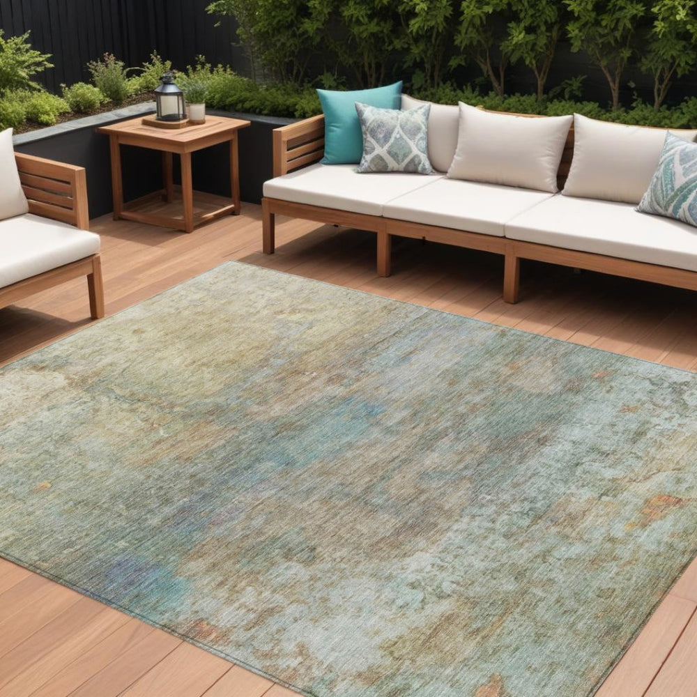 HomeRoots 5' Abstract Washable Area Rug in Wheat, Sky Blue & Beige – Perfect for Indoor/Outdoor Spaces 10' X 14' 631466