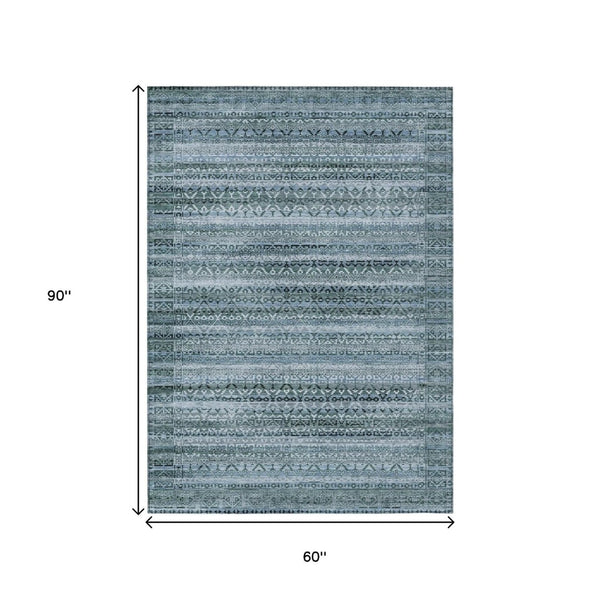 HomeRoots 5' Stylish Artichoke Green and Blue Striped Washable Area Rug for Indoor and Outdoor Spaces 5' X 8' 631468