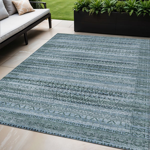HomeRoots 5' Stylish Artichoke Green and Blue Striped Washable Area Rug for Indoor and Outdoor Spaces 5' X 8' 631468