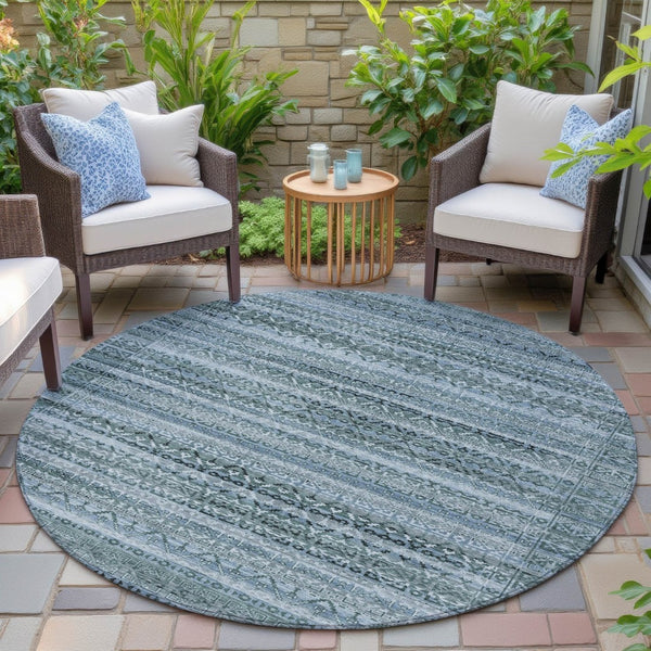 HomeRoots 5' Stylish Artichoke Green and Blue Striped Washable Area Rug for Indoor and Outdoor Spaces 8' Round 631469