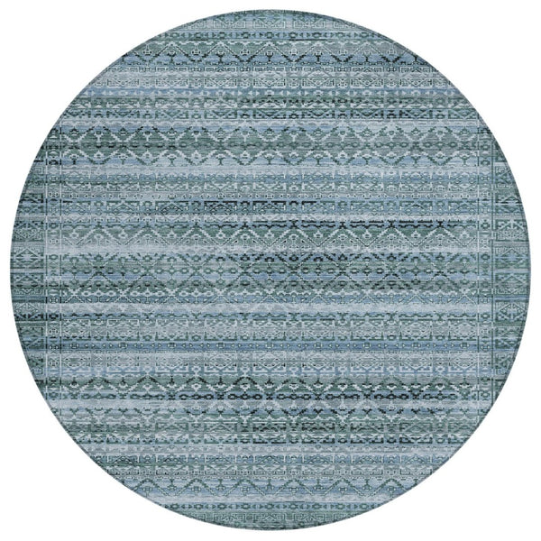 HomeRoots 5' Stylish Artichoke Green and Blue Striped Washable Area Rug for Indoor and Outdoor Spaces 8' Round 631469