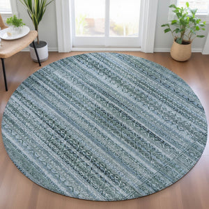 HomeRoots 5' Stylish Artichoke Green and Blue Striped Washable Area Rug for Indoor and Outdoor Spaces 8' Round 631469