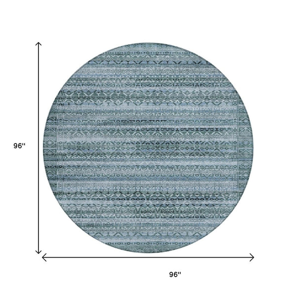 HomeRoots 5' Stylish Artichoke Green and Blue Striped Washable Area Rug for Indoor and Outdoor Spaces 8' Round 631469