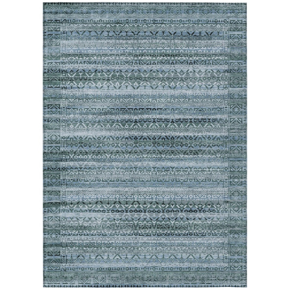 HomeRoots 5' Stylish Artichoke Green and Blue Striped Washable Area Rug for Indoor and Outdoor Spaces 8' X 10' 631470