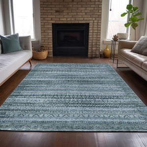 HomeRoots 5' Stylish Artichoke Green and Blue Striped Washable Area Rug for Indoor and Outdoor Spaces 8' X 10' 631470