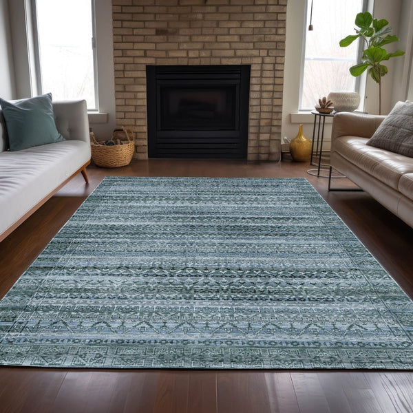 HomeRoots 5' Stylish Artichoke Green and Blue Striped Washable Area Rug for Indoor and Outdoor Spaces 8' X 10' 631470