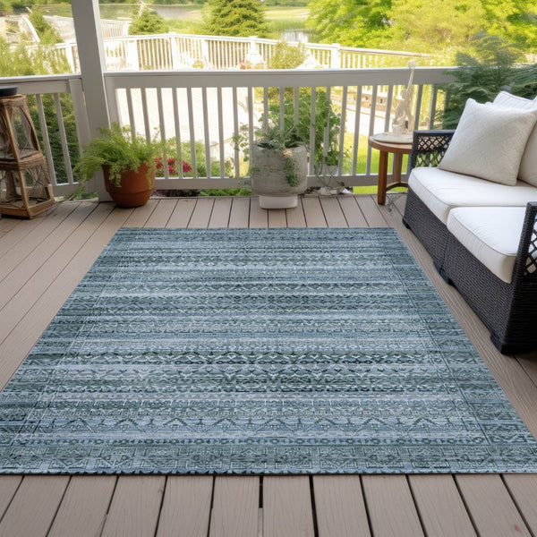 HomeRoots 5' Stylish Artichoke Green and Blue Striped Washable Area Rug for Indoor and Outdoor Spaces 8' X 10' 631470