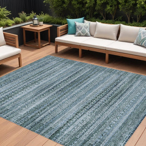 HomeRoots 5' Stylish Artichoke Green and Blue Striped Washable Area Rug for Indoor and Outdoor Spaces 10' X 14' 631472