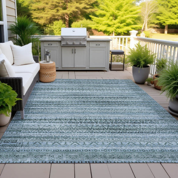 HomeRoots 5' Stylish Artichoke Green and Blue Striped Washable Area Rug for Indoor and Outdoor Spaces 10' X 14' 631472