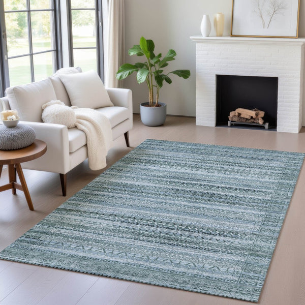HomeRoots 5' Stylish Artichoke Green and Blue Striped Washable Area Rug for Indoor and Outdoor Spaces 10' X 14' 631472