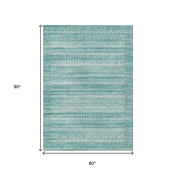 HomeRoots 5' Stylish Aqua and Ivory Striped Indoor Outdoor Area Rug – Durable, Washable, and Versatile Design 5' X 8' 631474