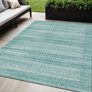 HomeRoots 5' Stylish Aqua and Ivory Striped Indoor Outdoor Area Rug – Durable, Washable, and Versatile Design 5' X 8' 631474