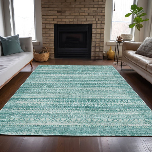 HomeRoots 5' Stylish Aqua and Ivory Striped Indoor Outdoor Area Rug – Durable, Washable, and Versatile Design 5' X 8' 631474