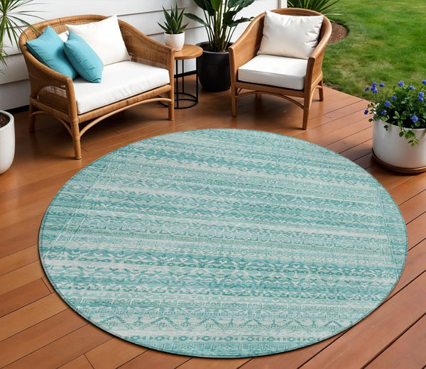 HomeRoots 5' Stylish Aqua and Ivory Striped Indoor Outdoor Area Rug – Durable, Washable, and Versatile Design 8' Round 631475