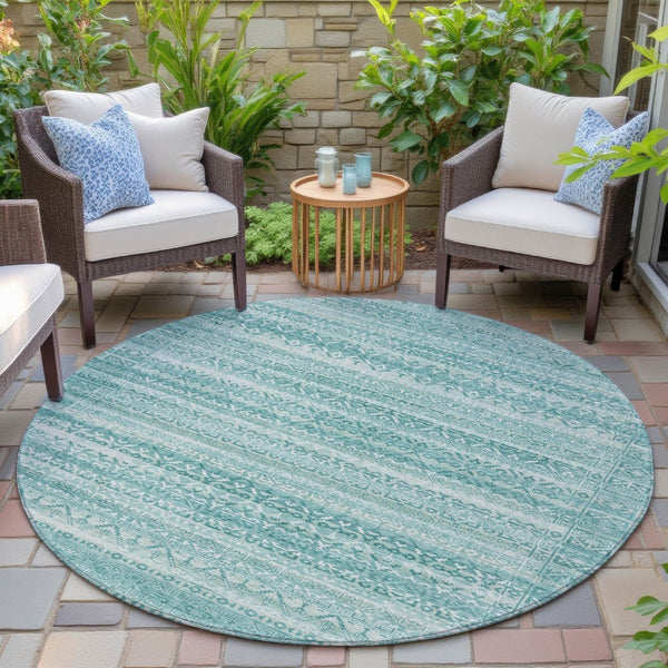 HomeRoots 5' Stylish Aqua and Ivory Striped Indoor Outdoor Area Rug – Durable, Washable, and Versatile Design 8' Round 631475