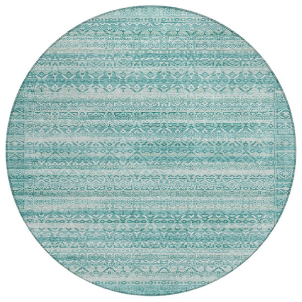 HomeRoots 5' Stylish Aqua and Ivory Striped Indoor Outdoor Area Rug – Durable, Washable, and Versatile Design 8' Round 631475