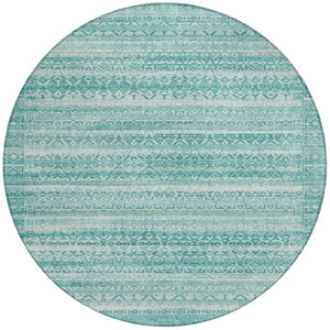 HomeRoots 5' Stylish Aqua and Ivory Striped Indoor Outdoor Area Rug – Durable, Washable, and Versatile Design 8' Round 631475