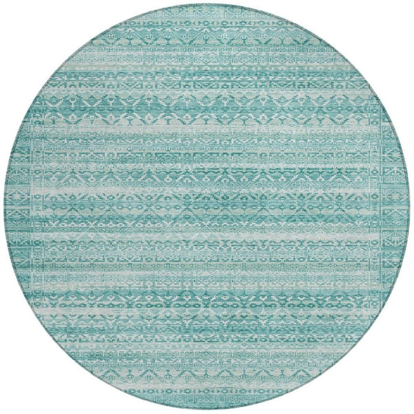 HomeRoots 5' Stylish Aqua and Ivory Striped Indoor Outdoor Area Rug – Durable, Washable, and Versatile Design 8' Round 631475