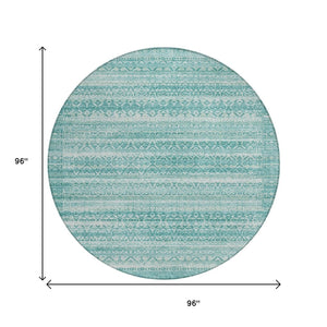 HomeRoots 5' Stylish Aqua and Ivory Striped Indoor Outdoor Area Rug – Durable, Washable, and Versatile Design 8' Round 631475
