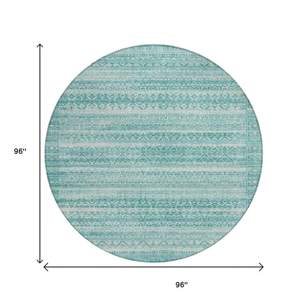 HomeRoots 5' Stylish Aqua and Ivory Striped Indoor Outdoor Area Rug – Durable, Washable, and Versatile Design 8' Round 631475