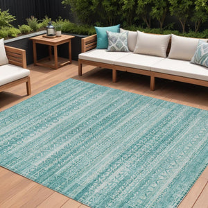 HomeRoots 5' Stylish Aqua and Ivory Striped Indoor Outdoor Area Rug – Durable, Washable, and Versatile Design 9' X 12' 631477