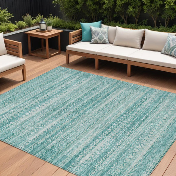 HomeRoots 5' Stylish Aqua and Ivory Striped Indoor Outdoor Area Rug – Durable, Washable, and Versatile Design 9' X 12' 631477