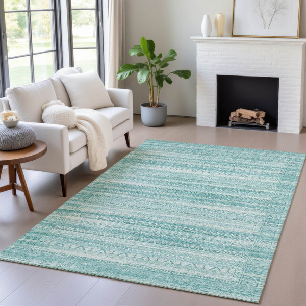 HomeRoots 5' Stylish Aqua and Ivory Striped Indoor Outdoor Area Rug – Durable, Washable, and Versatile Design 9' X 12' 631477