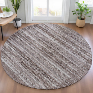 HomeRoots 5' Brown and Beige Striped Washable Area Rug for Indoor and Outdoor Use - Durable and Stylish Décor 8' Round 631481