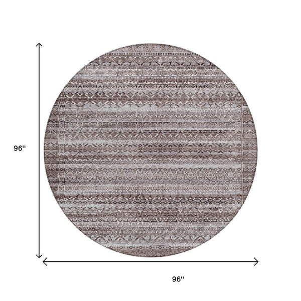 HomeRoots 5' Brown and Beige Striped Washable Area Rug for Indoor and Outdoor Use - Durable and Stylish Décor 8' Round 631481