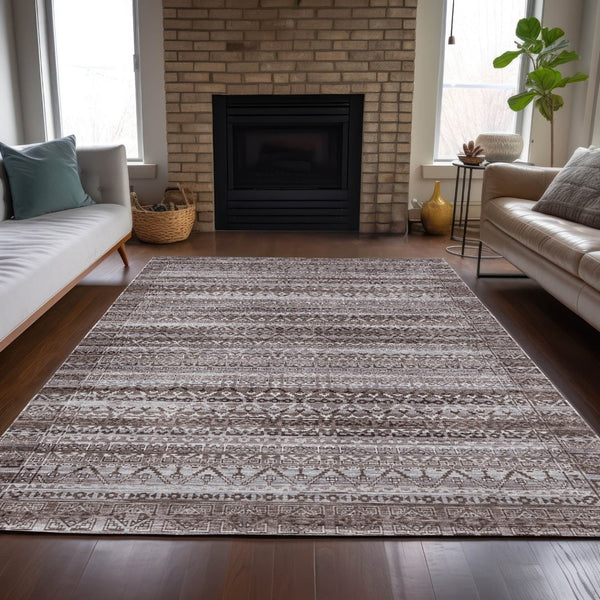 HomeRoots 5' Brown and Beige Striped Washable Area Rug for Indoor and Outdoor Use - Durable and Stylish Décor 8' X 10' 631482