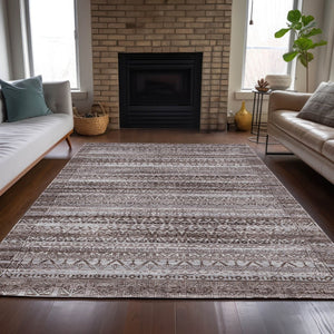 HomeRoots 5' Brown and Beige Striped Washable Area Rug for Indoor and Outdoor Use - Durable and Stylish Décor 10' X 14' 631484