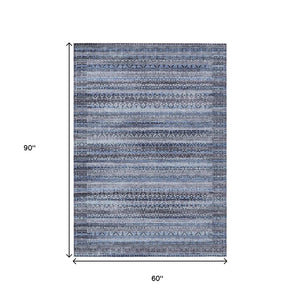 HomeRoots 5' Blue and Charcoal Striped Washable Area Rug for Indoor and Outdoor Use – Durable and Stylish! 5' X 8' 631486