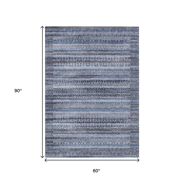 HomeRoots 5' Blue and Charcoal Striped Washable Area Rug for Indoor and Outdoor Use – Durable and Stylish! 5' X 8' 631486