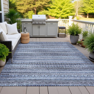 HomeRoots 5' Blue and Charcoal Striped Washable Area Rug for Indoor and Outdoor Use – Durable and Stylish! 5' X 8' 631486
