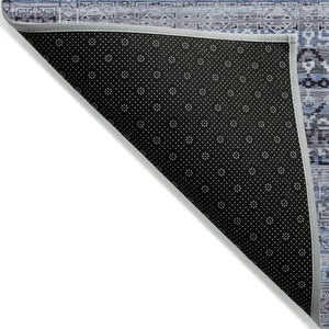 HomeRoots 5' Blue and Charcoal Striped Washable Area Rug for Indoor and Outdoor Use – Durable and Stylish! 5' X 8' 631486