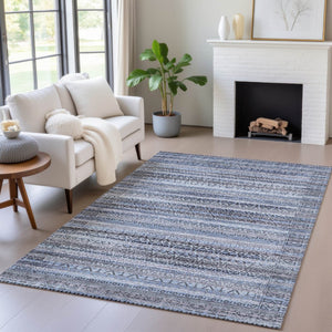HomeRoots 5' Blue and Charcoal Striped Washable Area Rug for Indoor and Outdoor Use – Durable and Stylish! 5' X 8' 631486