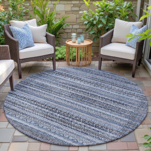 HomeRoots 5' Blue and Charcoal Striped Washable Area Rug for Indoor and Outdoor Use – Durable and Stylish! 8' Round 631487