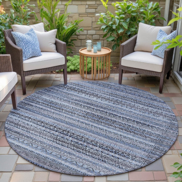 HomeRoots 5' Blue and Charcoal Striped Washable Area Rug for Indoor and Outdoor Use – Durable and Stylish! 8' Round 631487