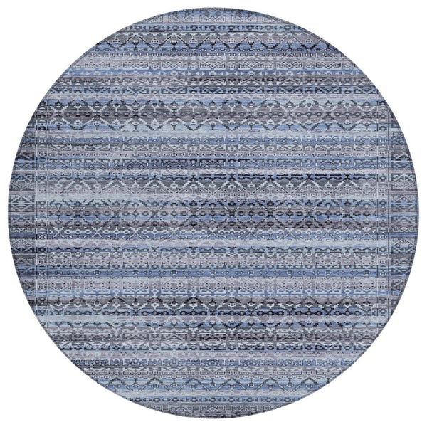 HomeRoots 5' Blue and Charcoal Striped Washable Area Rug for Indoor and Outdoor Use – Durable and Stylish! 8' Round 631487