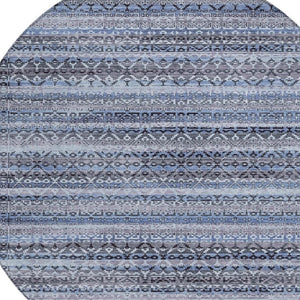 HomeRoots 5' Blue and Charcoal Striped Washable Area Rug for Indoor and Outdoor Use – Durable and Stylish! 8' Round 631487
