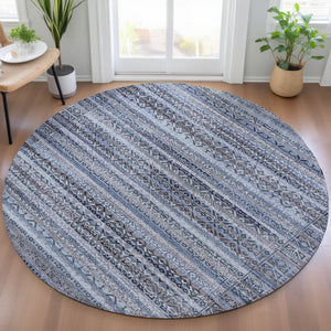 HomeRoots 5' Blue and Charcoal Striped Washable Area Rug for Indoor and Outdoor Use – Durable and Stylish! 8' Round 631487