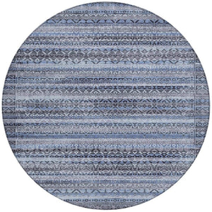 HomeRoots 5' Blue and Charcoal Striped Washable Area Rug for Indoor and Outdoor Use – Durable and Stylish! 8' Round 631487
