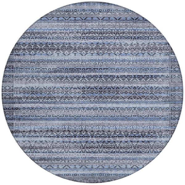 HomeRoots 5' Blue and Charcoal Striped Washable Area Rug for Indoor and Outdoor Use – Durable and Stylish! 8' Round 631487