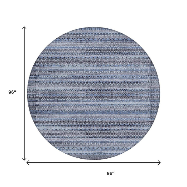 HomeRoots 5' Blue and Charcoal Striped Washable Area Rug for Indoor and Outdoor Use – Durable and Stylish! 8' Round 631487