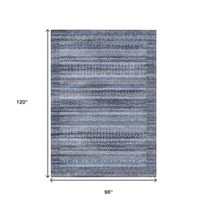 HomeRoots 5' Blue and Charcoal Striped Washable Area Rug for Indoor and Outdoor Use – Durable and Stylish! 8' X 10' 631488