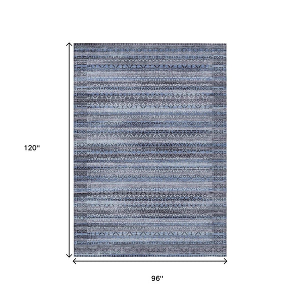 HomeRoots 5' Blue and Charcoal Striped Washable Area Rug for Indoor and Outdoor Use – Durable and Stylish! 8' X 10' 631488