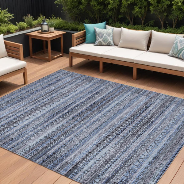 HomeRoots 5' Blue and Charcoal Striped Washable Area Rug for Indoor and Outdoor Use – Durable and Stylish! 8' X 10' 631488