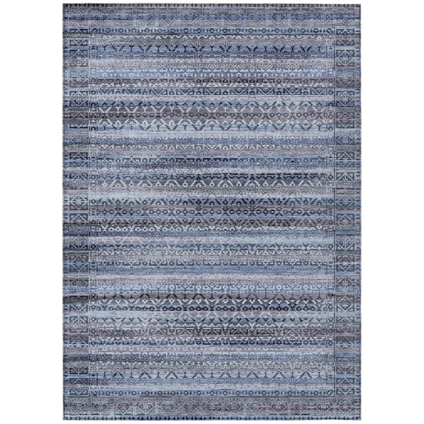 HomeRoots 5' Blue and Charcoal Striped Washable Area Rug for Indoor and Outdoor Use – Durable and Stylish! 8' X 10' 631488